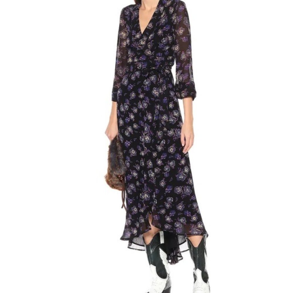 GANNI Georgette Black Purple Floral Wrap Dress Size 38